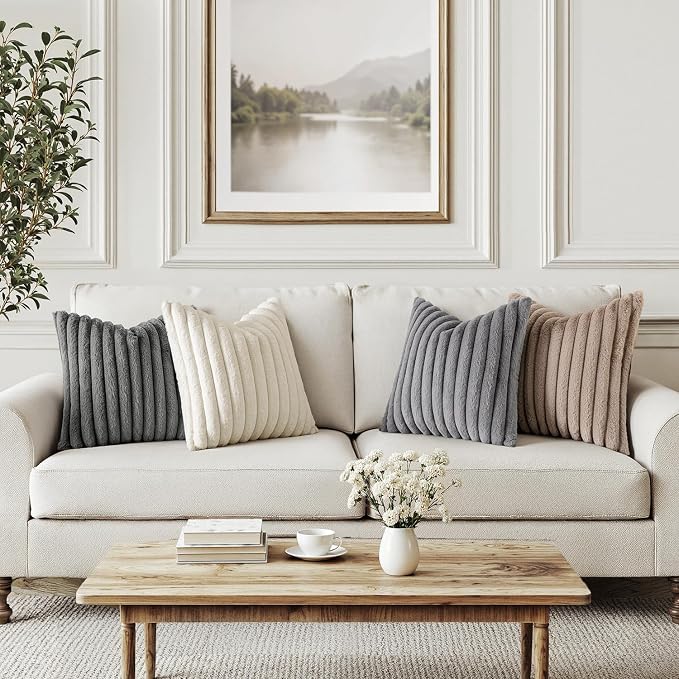 MIULEE Faux Fur Plush Decorative Throw Pillow Covers 18x18 Set of 4, Boho Farmhouse Soft Fuzzy Striped Cushion Covers for Sofa Couch Bed Living Room Vintage Rustic Home Decor,Grey Taupe