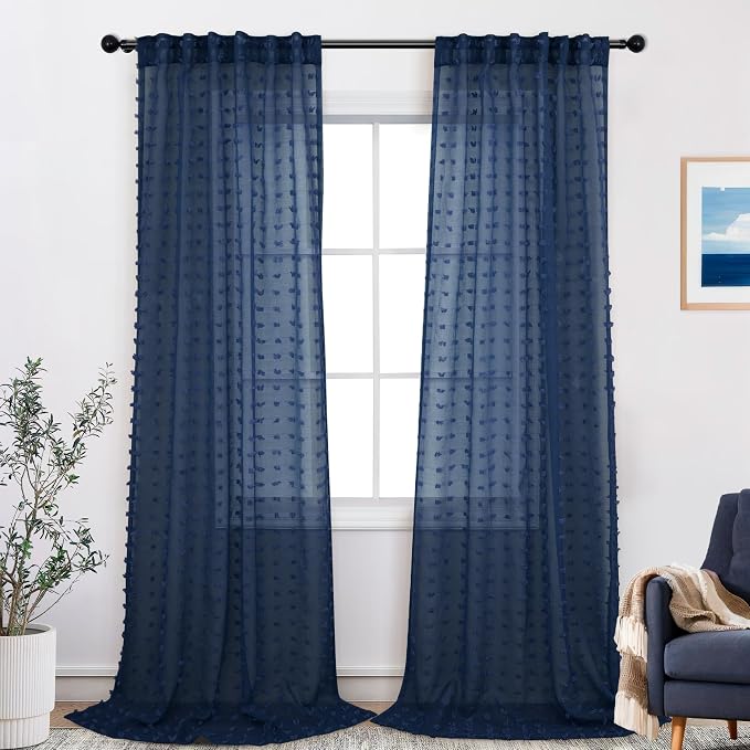 DANCURTON Blue Sheer Curtains 102 Inches Long for Living Room Boys Kids Room Pom Pom Textured Ceiling to Floor Length Farmhouse Boho Navy Blue Bedroom Curtain Light Filtering 2 Panels Back Tab 52x102