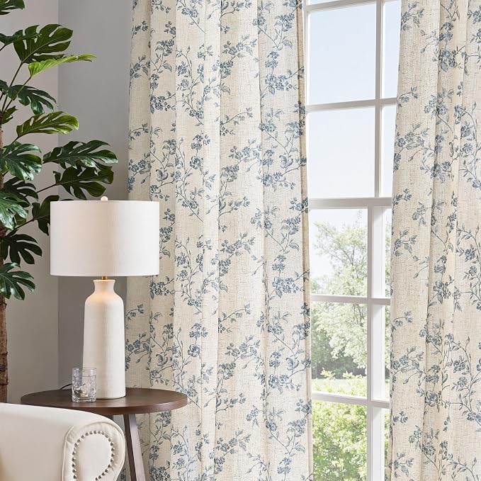 jinchan Blue Floral Linen Curtains 63 Inch Country Drapes Back Tab 2 Panels | Blue on beige, light filtering, farmhouse, rustic, flower, living room, bedroom, laundry, window treatment, home decor