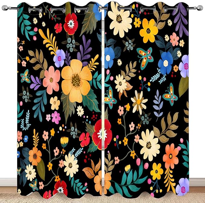 Colorful Flowers Floral Curtain Boho Pile Flowers Halloween Spring Summer Decor Women Girls Wife Mom Kids Bedroom Nursery Kitchen Dining Living Room Darkening Grommet Window Drapes 2 Panels, 42"x63"