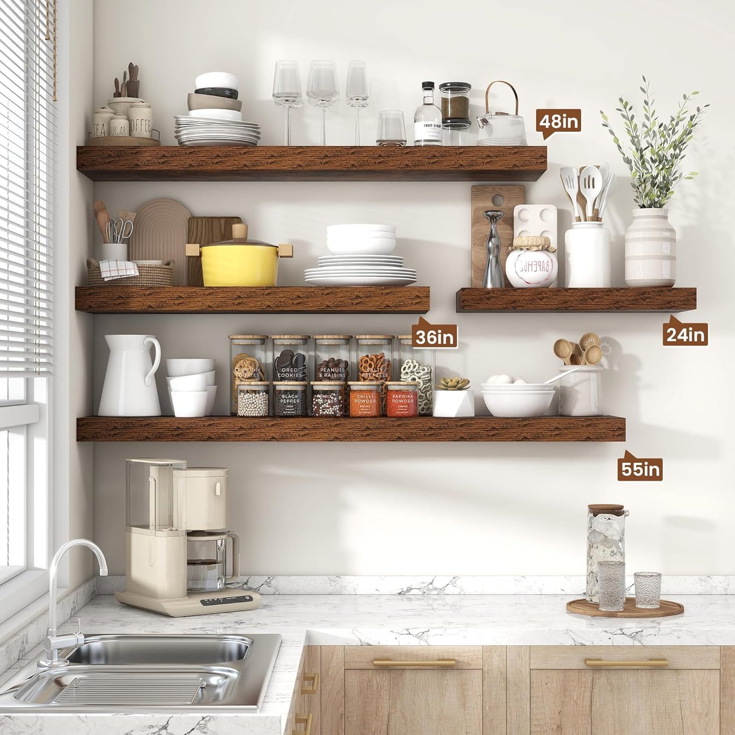 Heimlove 36 Inch Floating Shelves for Wall,10 Inch Deep Brown Wood Shelves with Invisible Brackets,Wall Mounted Storage & Display Shelves for Bedroom,Living Room,Kitchen,Office