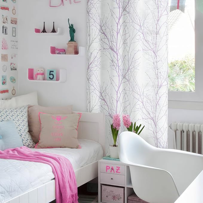 FMFUNCTEX Linen Semi Sheer Curtains for Bedroom, Lilac White Curtains 72 Inches Long for Living Room, Grey Tree Branch Patterned Curtain Light Filtering Farmhouse Window Drapes, Grommet Top 2 Panels