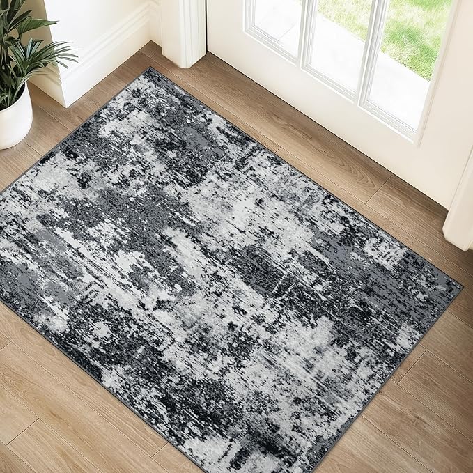 RELEANY Washable Area Rugs 2'x3' Non-Slip Modern Abstract Soft for Living Room Entryway Bedroom Kitchen, Print Pattern, Black Navy Blue Gray