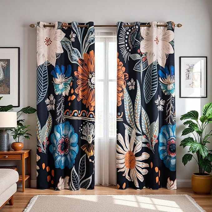 Boho Floral 100% Blackout Curtains for Bedroom 63 inch Long 2 Panels Set Grommet Mid Century Botanical Black Out Curtain Thermal Insulated Room Darkening Window Drapes for Living Room 52Wx63L