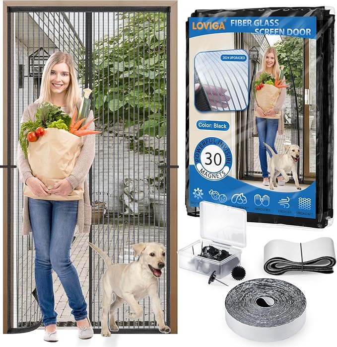 Heavy Duty Door Screen Magnetic Closure, LOVIGA Thickened Fiberglass Screen Door Mesh, Self Sealing, Tear Resistant, Easy Assemble, Fine Mesh Keep Bugs Out Fit Door Size 38 Inch X 95 Inch Black