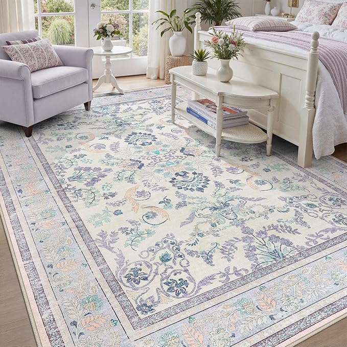 DCX Purple Floral 8x10 Area Rugs for Living Room, Machine Washable Large Soft Boho Non-Slip Botanical Rug for Bedroom Dinning Room Kitchen Flowers Playroom Nursery Carpets