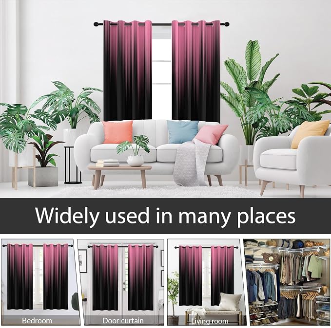 AAtter Pink Black Window Curtains, Room Darkening, Grommet 42" W x 63" L | Gothic Striped Ombre Drapes, Cute Girls Preppy High Precision Fabric, 2 Panels Abstract Modern Bedroom Decor for Women