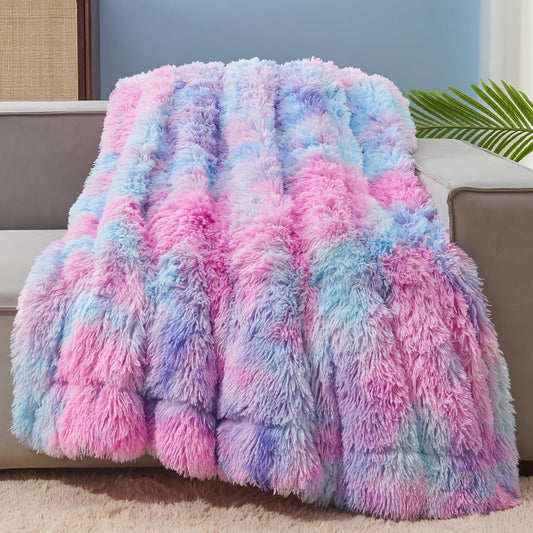 GONAAP Fuzzy Faux Fur Throw Blanket Purple Rainbow Super Soft Cozy Plush Fuzzy Shaggy Blanket for Couch Sofa Bed (Purple Rainbow, Throw(50"x60"))
