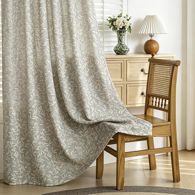 RoomTalks 63 Inches Boho Farmhouse Curtains for Bedroom Dining Living Room Light Filtering, Rustic Country Vintage Cottagecore Faux Linen Window Curtain Panels, Taupe Khaki, Elegant Floral Drapes