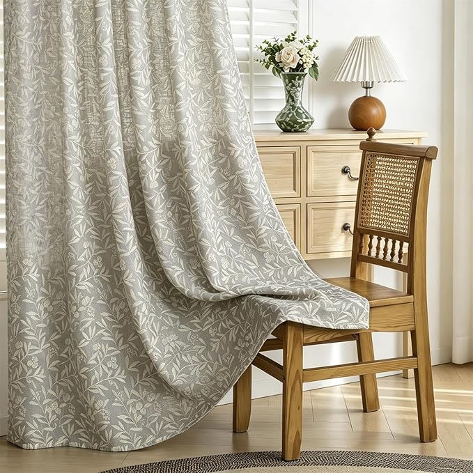 RoomTalks Boho Farmhouse Window Curtains 84 Inches Length 2 Panels Faux Linen Light Filtering, Cottagecore Rustic Country Vintage Cute Botanical Floral Curtain Panels for Bedroom Dining Living Room