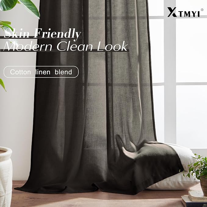 XTMYI Brown Linen Curtains Drapes for Living Room Bedroom 108 Inch Curtains Long 2 Panels Semi Sheer Window Treatments for Dining Room