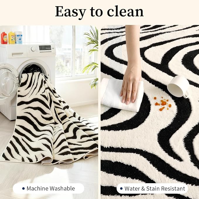 YIHOUSE 8×10 Ft Area Rugs for Living Room: Modern Washable Rug - Abstract Black and Cream White Rug for Bedroom Dining Room Office Playroom Nursery Home Decor - Nonslip Non-Shedding Striped Rugs