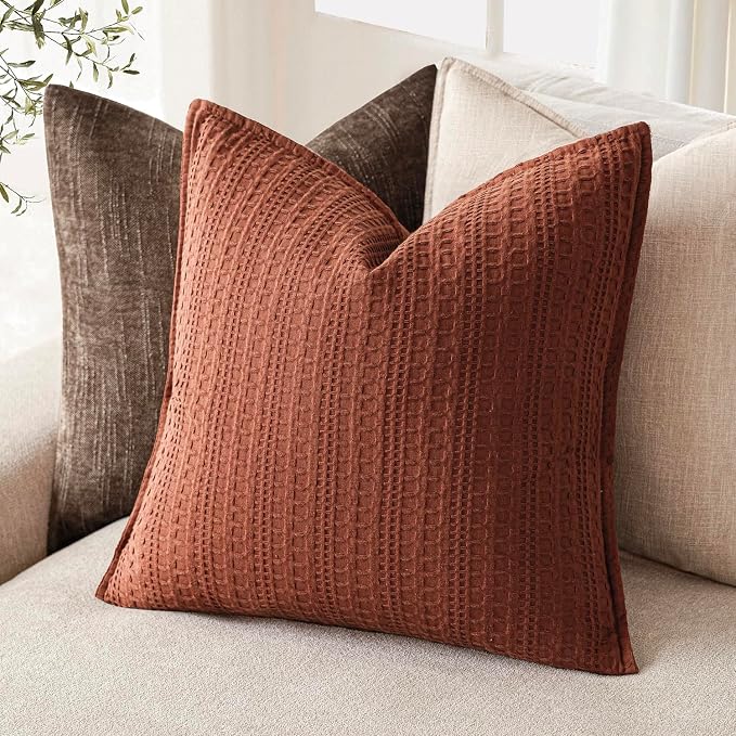Foindtower Set of 2 Decorative Cotton Waffle Weave Throw Pillow Cover Euro Shams Cushion Covers Accent European Pillowcase For Bed Couch Sofa Bedroom Living Room Home Decor 22×22 Inch Fall Rust Orange
