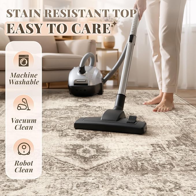 Area Rug 8x10 Vintage Rugs: Large Washable Indoor Medallion Rug Low Pile Distressed Floor Carpet Retro Accent Rugs for Living Room Bedroom Kitchen Dining Table Home Office(Taupe, 8'x10')