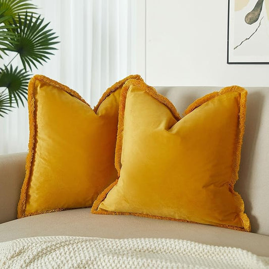 JUSPURBET Pack of 2 Gold Decorative Fringe Velvet Throw Pillow Covers 16x16 for Home Decor Living Room Bedroom Car Boho Soft Cushion Cover with Hidden Zipper Machine Washable
