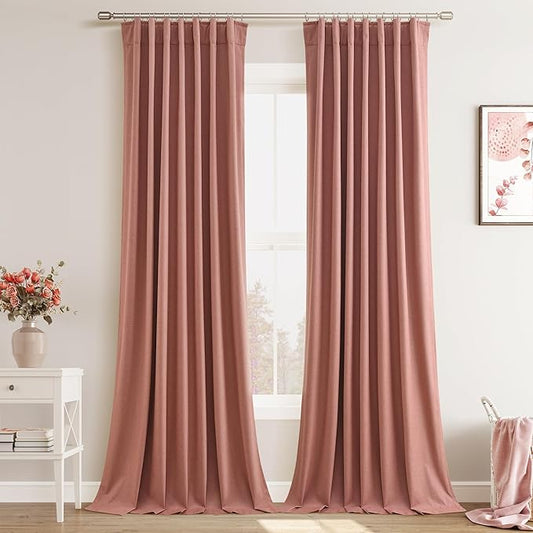 Joywell 100% Blackout Extra Long Linen Curtains 120 Inches for Bedroom Black Out Curtain Noise Cancelling Drapes for High Ceiling Patio Window Hook Belt 2 Panels,52 x 120,Canyon Rose
