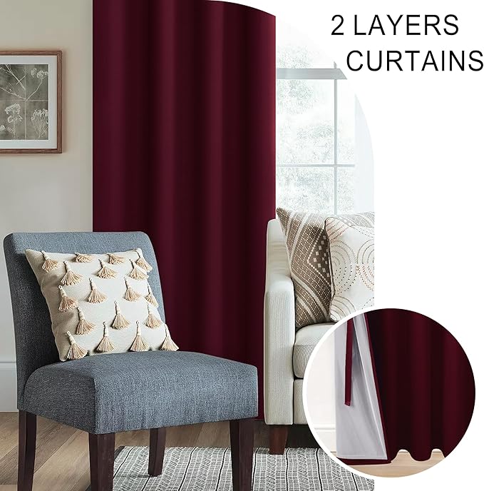 XWZO 100% Blackout Curtains with Tiebacks- Heat and Full Light Blocking Window Drapes for Home Theater, 95 Inches Long Thermal Insulated Draperies, Rod Pocket & Back Tab, Burgundy, W52 x L95, 2 Panels