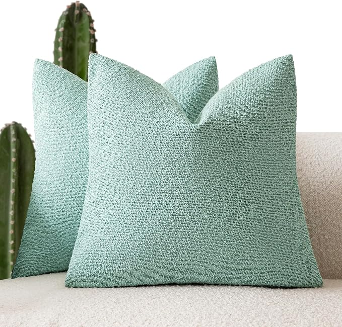 Foindtower Pack of 2 Textured Boucle Throw Pillow Covers Accent Solid Pillow Cases Cozy Soft Decorative Couch Cushion Case for Couch Chair Sofa Bedroom Living Room Home Decor 18x18 Inch Aqua Blue