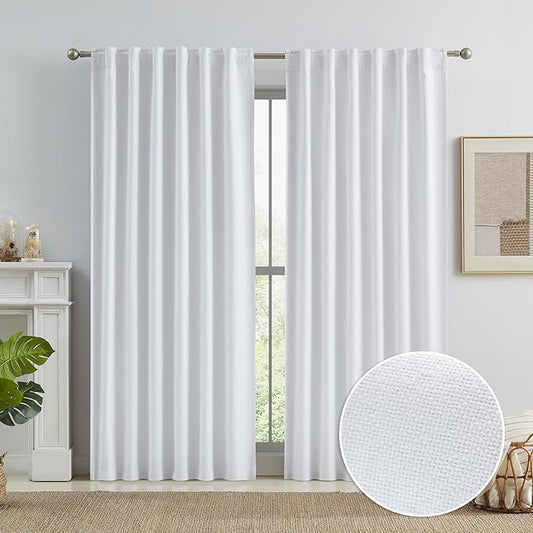 KEQIAOSUOCAI Linen White Blackout Curtains 90 Inches Long Back Tab Rod Pocket - 100% Black Out Boho Curtains for Living Room, Full Light Block Out Drapes Farmhouse Decor 50x90 Inch, 2 Panels
