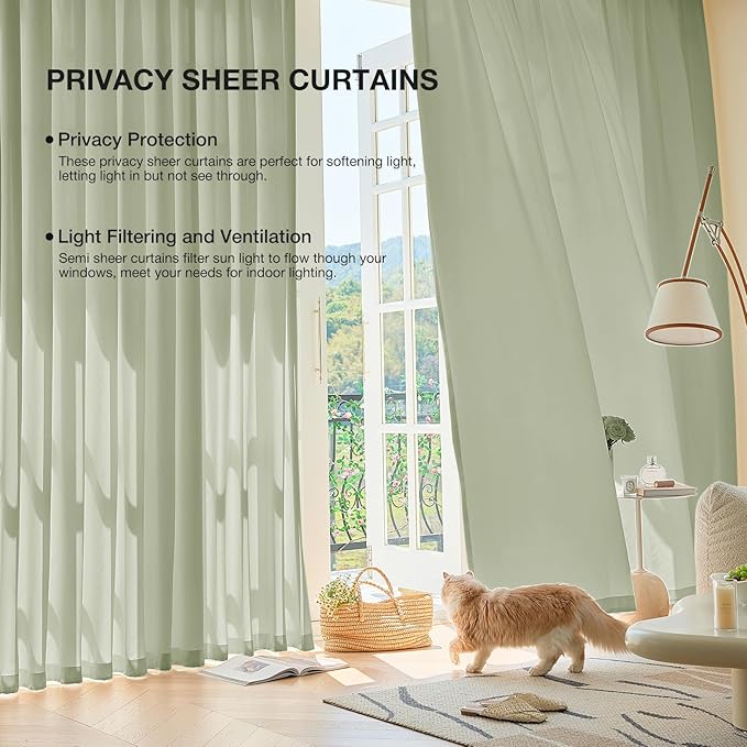 Anmao Non-See-Through Sage Green Privacy Semi Sheer Curtains for Living Room 63 Inch Length 2 Panels Set, Light Filtering that Let Light in Rod Pocket Window Drapes for Bedroom, 52W x 63L, Sage