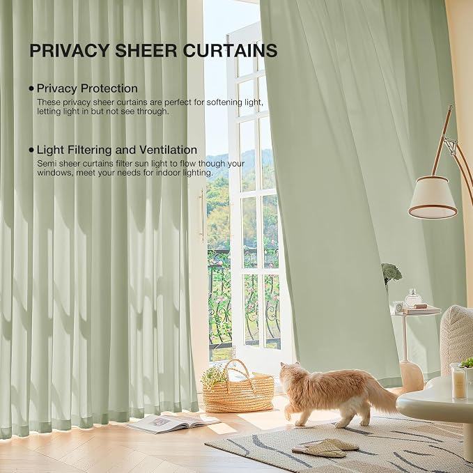 Anmao Non-See-Through Sage Green Privacy Semi Sheer Curtains for Living Room 102 Inch Length 2 Panels Set, Light Filtering That Let Light in Rod Pocket Window Drapes for Bedroom, 52W x 102L, Sage