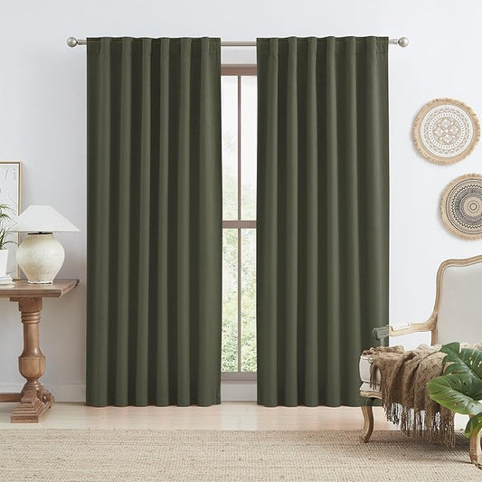 KEQIAOSUOCAI Dark Olive Green Blackout Curtains 90 Inches Long 2 Panels Set- Faux Linen Textured Black Out Thermal Insulated Noise Reduction Winodw Draper for Bedroom and Living Room 50x90-in