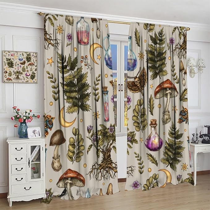 Vintage Mushroom Curtains, Gohtic Mystical Witch Magic Poison Rustic Forest Mushroom Plants Flowers Moth Blackout Window Curtains for Kitchen Bedroom Livingroom, 63" W X 63" L