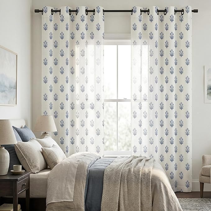 Blue and White Floral Curtains,Boho Pattern Navy Block Print Mughal Design Sheer Linen Farmhouse Nautical Curtains for Living Room Bedroom 84 Inch Length