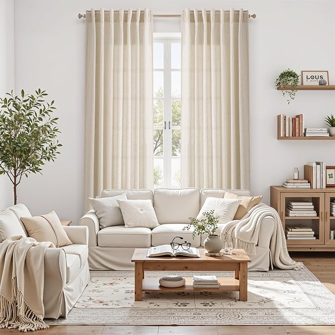 Linen Curtains for Living Room 80 Inches Long Modern Farmhouse Decor Light Filtering Semi Sheer Curtain Back Tab Neutral Luxury Rustic Burlap Coastal Drapes for Bedroom Office 52x80, 2 Panels