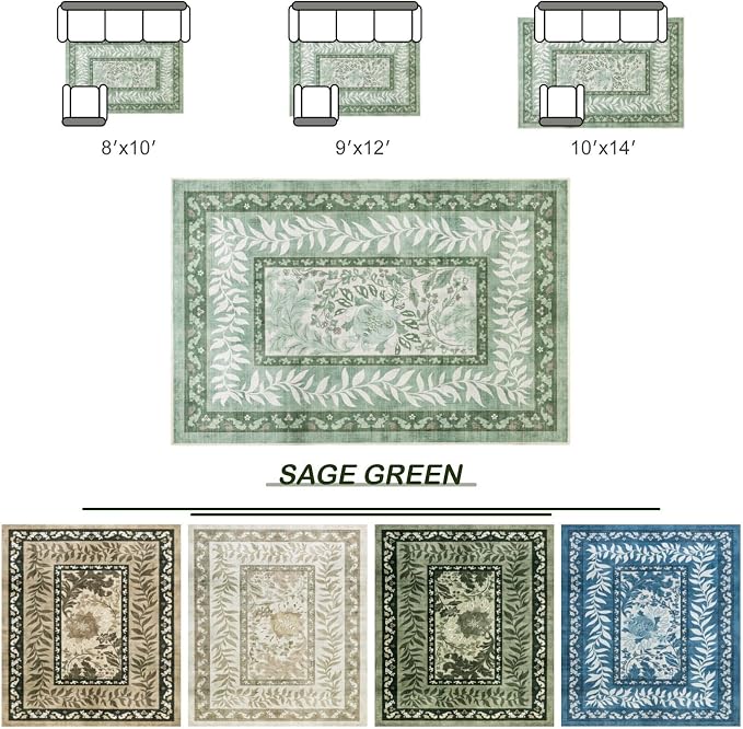 LIANLAM Washable Rug 9x12 Area Rugs for Living Room - Stain Resistant Non-Slip Backing Floral Design Rug for Bedroom,Durable & Ultra-Thin Vintage Large Area Rug(9x12,Green)