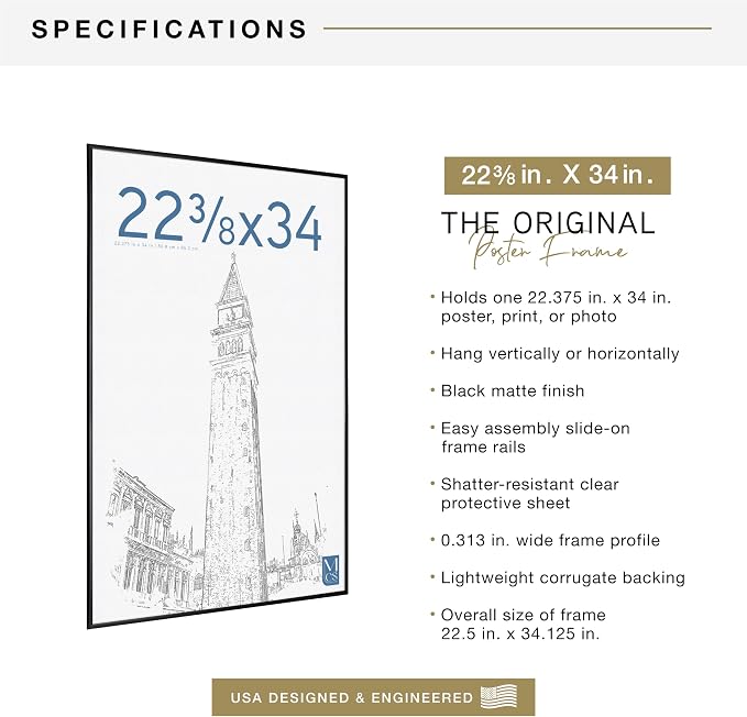 MCS Original Poster Frame 22.375x34 Black Lightweight Vertical & Horizontal Wall Hanging Large Picture Frame for Posters, Art Prints & Gallery Wall (1-Pack)