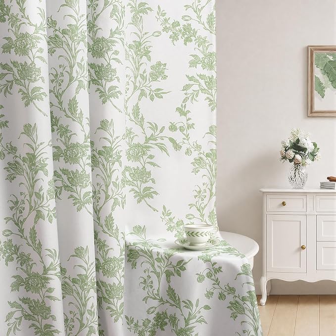 Sage Green Floral 100% Blackout Curtains for Bedroom 84 Inch Length 2 Panels Set, Farmhouse Curtains for Living Room