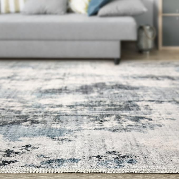 Abstract 5FT Round Rug: Machine Washable Non Slip Ultra Thin Low-Pile Carpet, Soft Stain Resistant for Living Room Bedroom Nursery, Kid Pet Friendly, Robot Vacuum Compatible - Grey Blue