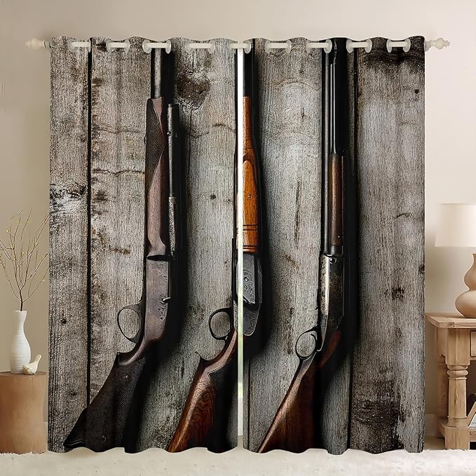 Erosebridal Guns Window Curtains,Military Theme Curtains for Kids Boys Teens Man,Retro Shotgun Darkening Drapes Vintage Board Window Treatments 2 Panel Bedroom Decor,52" Wx90 L
