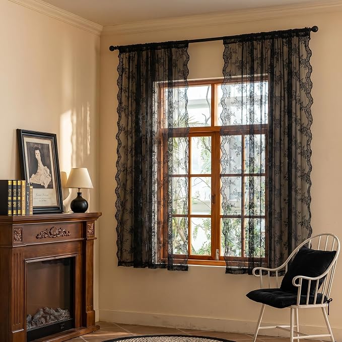 MEETSKY Lace Sheer Curtains 72 Inch Long Black Goth Victorian Vintage Spooky Halloween Holiday Party Decor for Living Room Bedroom Rod Pocket Light Filtering Drapes, 50" W Each Panel, 2 Pieces