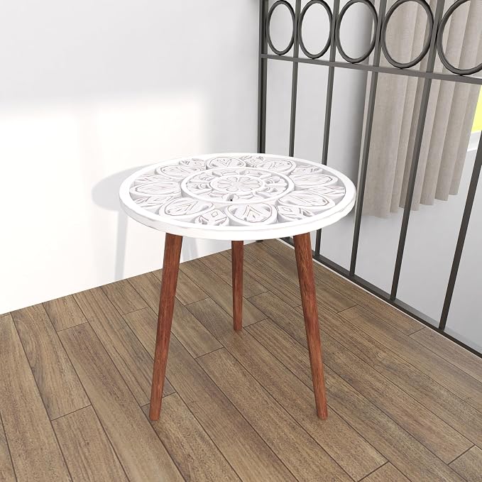 Deco 79 Wood Floral Handmade Side End Accent Table Intricately Carved End Table with 3 Slender Legs, Side Table 19" x 19" x 21", White