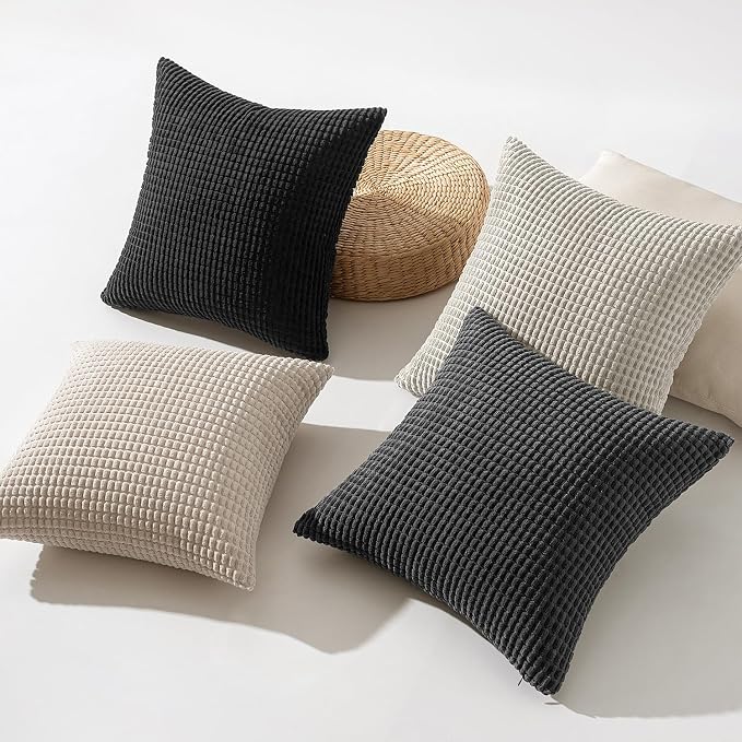MIULEE Neutral Cream/Grey Decorative Pillow Covers 18x18 Inch Set of 4 | Boho Western Farmhouse Throw Pillows Corduroy Couch Pillowcases Industrial Home Decor for Sofa Living Room Bed