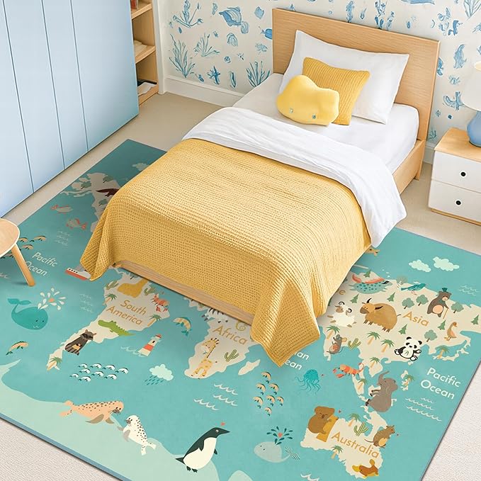 Hazo Haus Washable Large Kids Playroom Rug with Animal – 5x8 Educational World Map Area Rug for Kids Room – Non-Slip, Stain Resistant, Soft & Safe, Nursery, Classroom or Bedroom - Blue Ocean