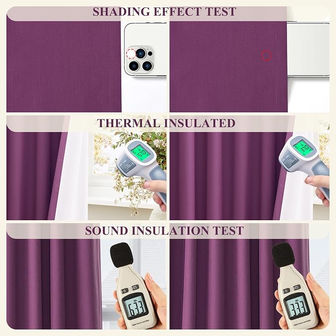 Jowels Purple Linen Blackout Curtains 84 Length 2 Panels Set for Living Room Bedroom, 100% Black Out Thermal Insulated Linen Drapes, Room Darkening Grommet Curtains 84 Inches Long, Purple