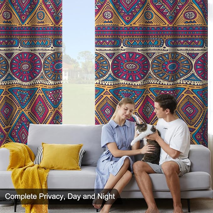 Boho Geometric Patterned Blackout Curtains for Bedroom, Bohemian Living Room Darkening Curtains 84 Inch Length 2 Panels Set, Thermal Insulated Soundproof Bedroom Window Drapes with Curtain Tiebacks