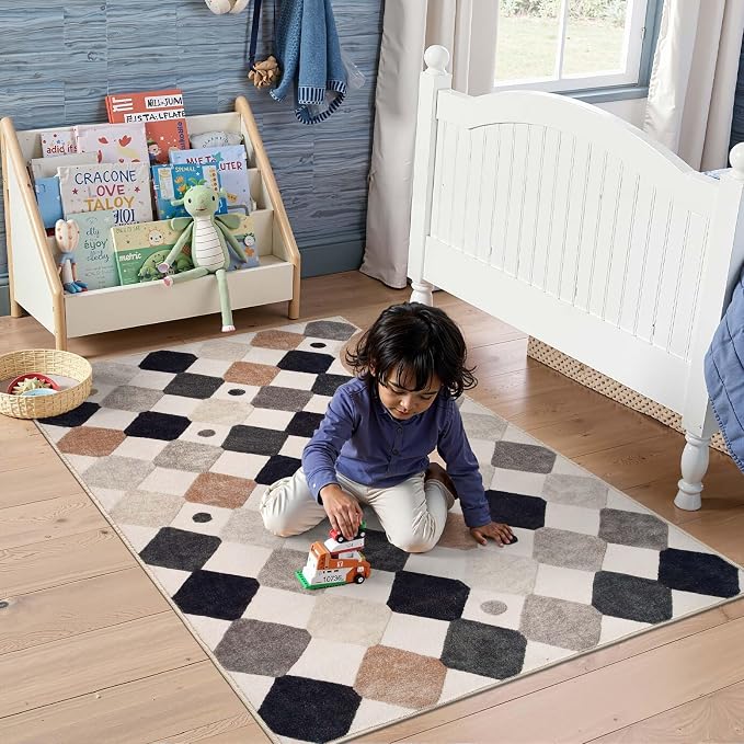 jinchan Macy 3x5 Area Rug for Kids Room Black and White Modern Colorful Checkered Diamond Nursery Rug Indoor Washable Soft Non Slip Carpet for Playroom Classroom Bedroom Living Room Marble on Cream