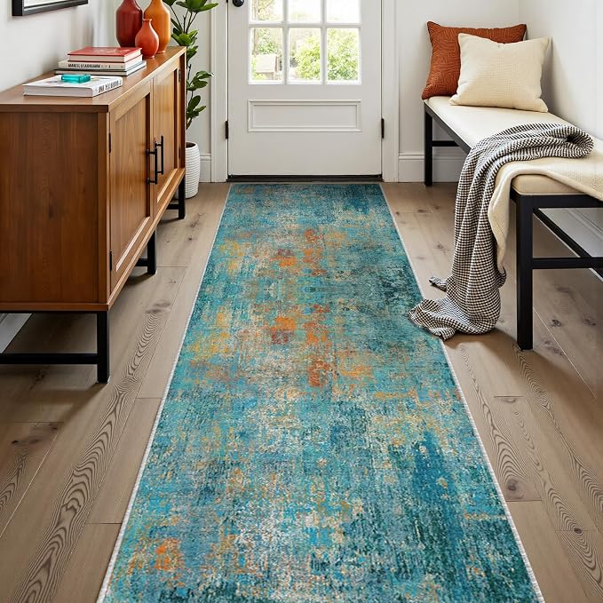RELEANY Washable Area Rugs 2'x8' Non-Slip Modern Abstract Soft for Living Room Entryway Bedroom Kitchen, Print Pattern, Teal Blue Green Orange Rust Red Coloreful