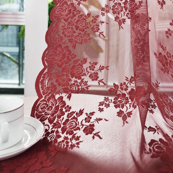Kotile Burgundy Sheer Curtains 54 Inch Length 2 Panels Set Country Rustic Floral Cottagecore Maroon Lace Curtains for Windows, Rod Pocket Privacy Light Filtering Sheer Window Curtains, 52 x 54 Inch