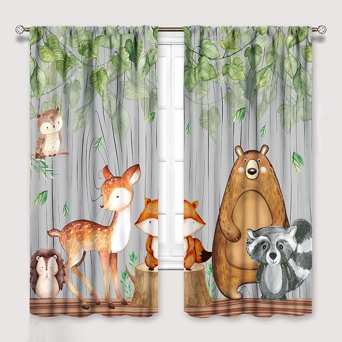 Rustic Animal Curtains, Wild Forest Animal Bear Fox Deer Kids Window Treatments for Living Room Bedroom, Farmhouse Woodland Blackout Drapes 2 Panel Sets, 84x84 Inch