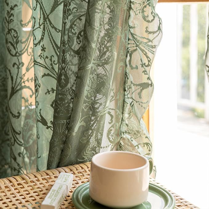 TUDECO Dark Green Curtains 96 Inch Long - Antique Embroidered Lace Sheer Curtains for Living Room, Farmhouse Summer Floral Forest Ruffle Rod Pocket 2 Panels, 8 FT 59W x 96L, Olive Green