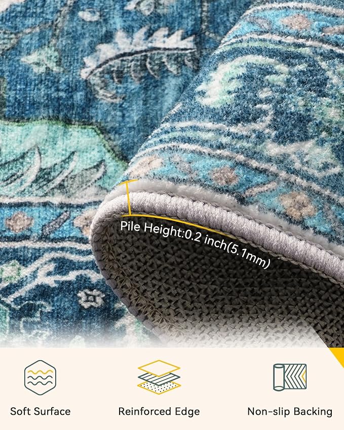 RELEANY Area Rugs Runner 3'x8' Washable Non-Slip, Floral Vintage Distress Medallion Carpet for Kitchen Hallway Bedroom Beside Laundry Room Bathroom, Teal Green Lake Blue Turquoise