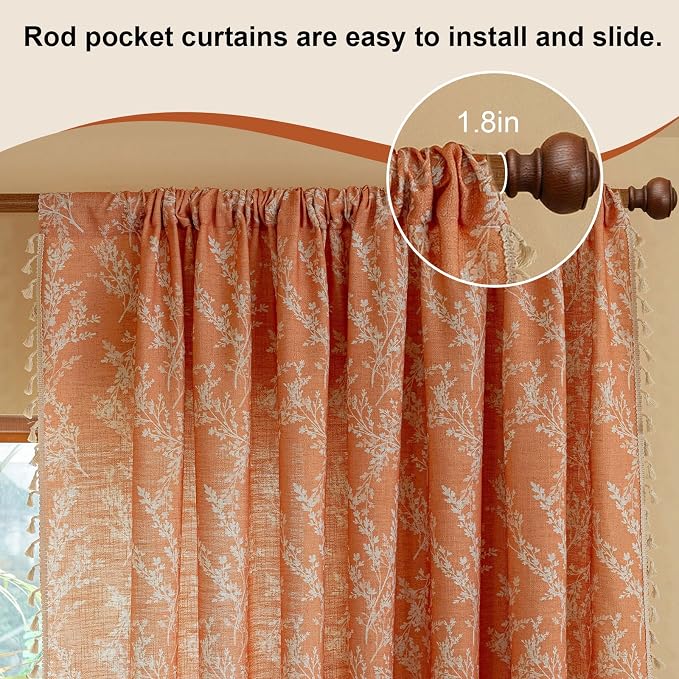 OYX Orange Floral Curtains 63 Inch Long 2 Panels, French Vintage Farmhouse Patterned Decor Window Drapes with Tassels, Girls Semi-Sheer Light Filtering for Bedroom Living Room (Rod Pocket, 52Wx84L)