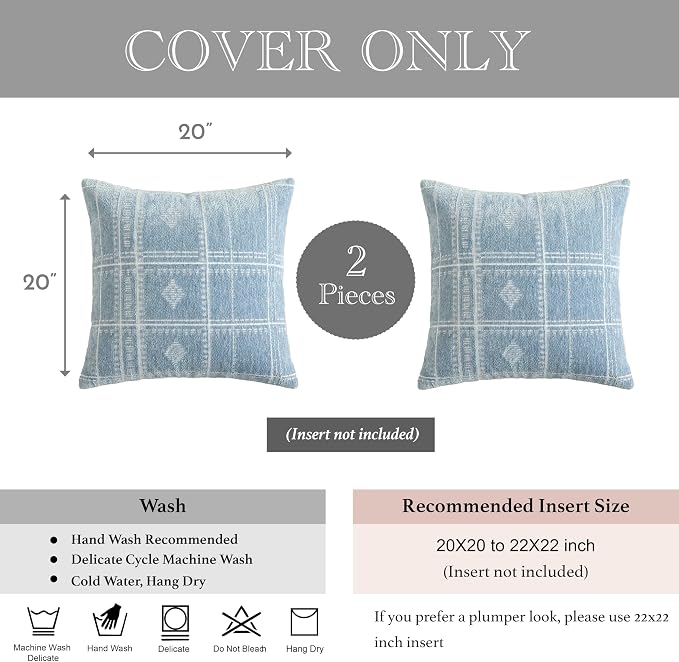 BlissBlush Decorative Throw Pillow Covers 20x20 Set of 2, Coastal Blue Textured Chenille Accent Throw Pillow Covers for Couch Sofa Bed Living Room Home Décor, Blue (Cover Only)