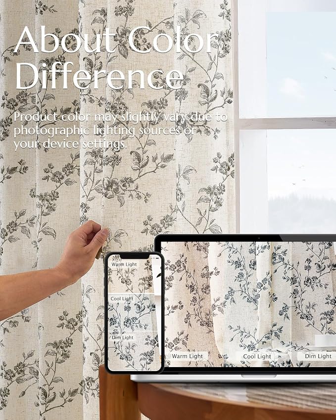jinchan Black Floral Linen Curtains 96 Inch Farmhouse Back Tab 2 Panels | Flower patterned drapes, french country, printed, privacy, light filtering, bedroom, living room, dining room, home decor