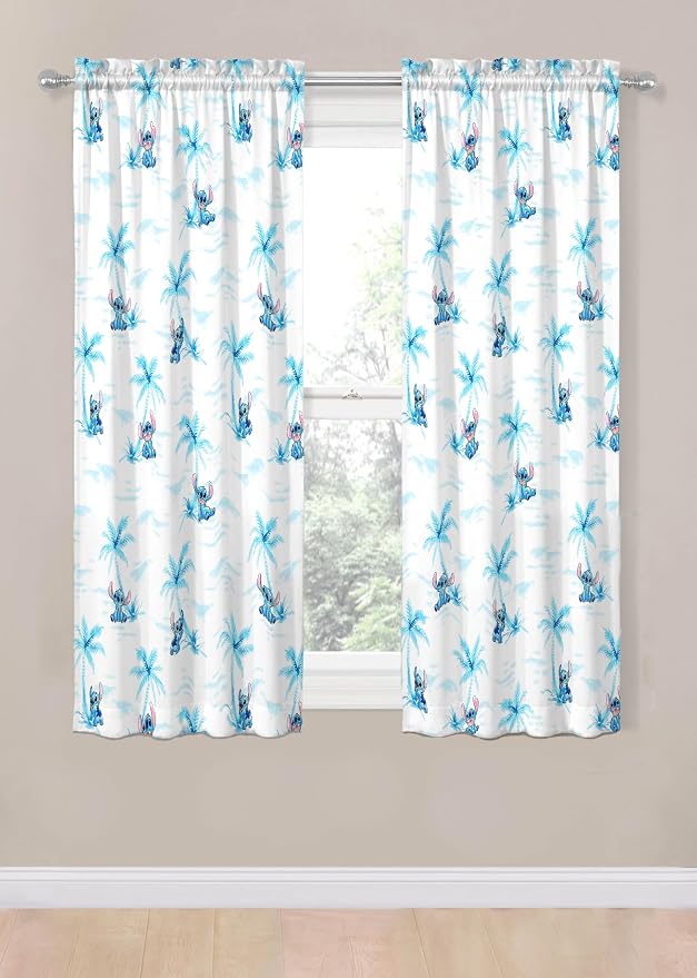 Jay Franco Window Curtains for Kids Bedroom 4-Piece Drape Set with 2 Tiebacks, White - Lilo & Stitch, 42" W x 63" L (Pack of 2)